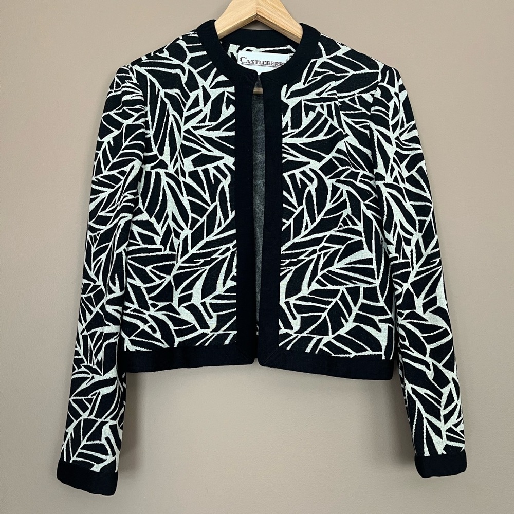 {Castleberry} Vintage Sweater Cardigan Blazer Jacket in Black & Cream - Womens 8